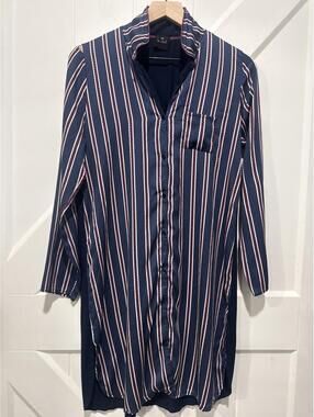 Le Chat Navy Blue Striped Button-Up Lounge Dress/Nightgown Size US 6